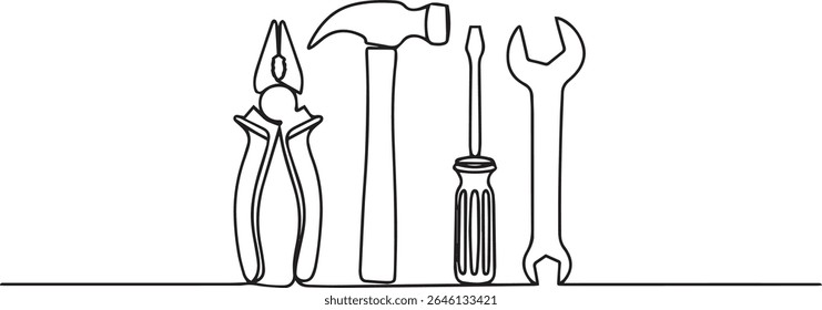 Minimalist continuous single line drawing of hand tools including pliers, hammer, screwdriver, and wrench in black and white