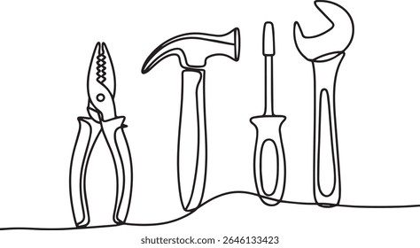Minimalist continuous single line drawing of hand tools including pliers, hammer, screwdriver, and wrench in black and white