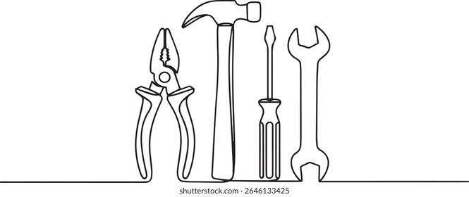 Minimalist continuous single line drawing of hand tools including pliers, hammer, screwdriver, and wrench in black and white