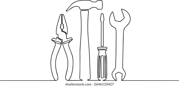 Minimalist continuous single line drawing of hand tools including pliers, hammer, screwdriver, and wrench in black and white