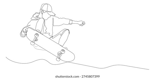 A minimalist, continuous single line drawing of a skateboarder performing aerial tricks while riding a skateboard. Ideal for sports branding, apparel graphics, posters, etc.