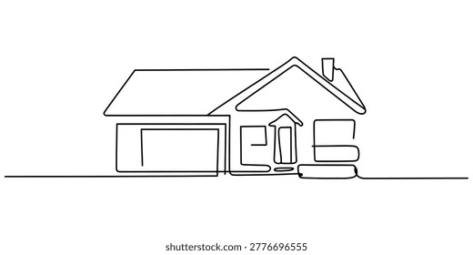 Minimalist continuous single line drawing of a simple suburban family house with a garage Vector, illustration
