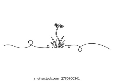 Minimalist continuous single line drawing of a small flower growing among blades of grass on a plain white background vector illustration.