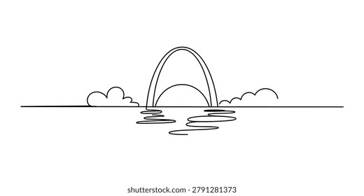 Minimalist continuous single line drawing of the st louis gateway arch monument reflecting in water with simple clouds in a clean artistic vector style Vector, illustration