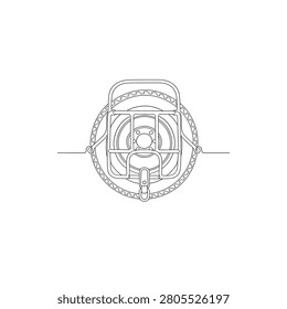 Minimalist continuous single line drawing of a vintage scooter spare tire and rear carrier rack