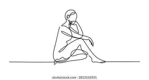Minimalist continuous single line drawing of a thoughtful woman sitting down with her hand resting on her chin Vector, illustration