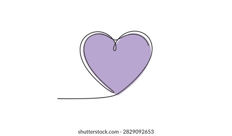 Minimalist continuous single line drawing of a heart shape with soft purple color fill isolated on a white background. Factual illustration representing love, romance, and simplicity.