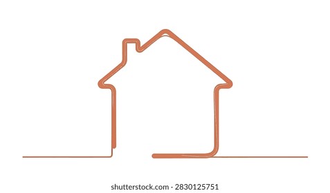 Minimalist continuous single line drawing of a house silhouette with a chimney in copper orange color isolated on a white background, architectural concept icon illustration.