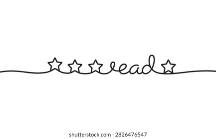 A minimalist continuous single line featuring the word read integrated with four stars. The black ink stroke on a white background creates a clean, simple for literacy concepts.
