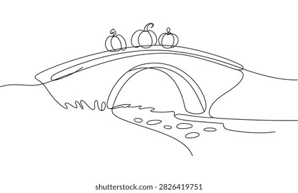 A minimalist continuous single line of three pumpkins resting on of a stone arch bridge spanning a small river, isolated on a white background, rendered in a simple black stroke.