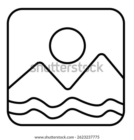 Minimalist Contour Drawing of a Landscape with a Round Sun, Two Mountain Peaks, and Two Water Wave Lines