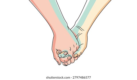 Minimalist contour line drawing of two people holding hands with fingers interlocked. Featuring a pastel color palette of pink, yellow, and mint green against a plain white background.