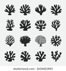 Minimalist coral vector illustrations featuring natural marine elements in black and white design