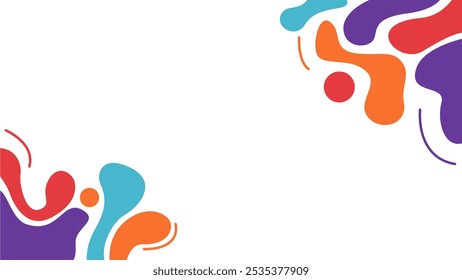 Minimalist Corner Abstract Liquid Background. Clean White Design with Purple, Orange, Red and Turquoise Fluid Shapes in Opposite Corners