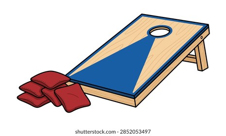 Minimalist Cornhole Game Set Vector Illustration Featuring Two Wooden Corn Hole Boards with Target Holes and Colorful Bean Bags for Outdoor Summer Lawn Games and Tailgating.
