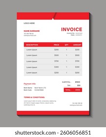 Minimalist corporate and creative red invoice design template, Clean Professional Invoice Template Vector for Office Documents, simple business invoice template.
