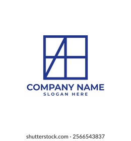 Minimalist corporate logo featuring a stylized "A" within a geometric grid design in bold blue. The clean, modern layout symbolizes structure, professionalism, and innovation, ideal for branding.