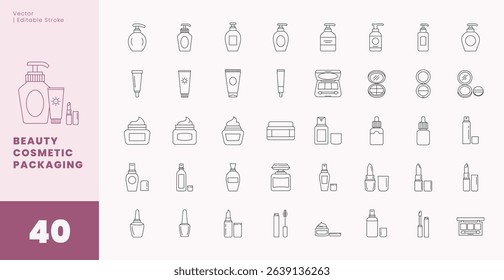 Minimalist Cosmetic Containers Editable Stroke Icons of Beauty Cosmetic Packaging | Vector Line Art Icons for Skincare and Makeup Product Packaging