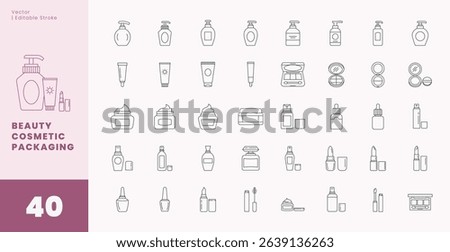 Minimalist Cosmetic Containers Editable Stroke Icons of Beauty Cosmetic Packaging | Vector Line Art Icons for Skincare and Makeup Product Packaging