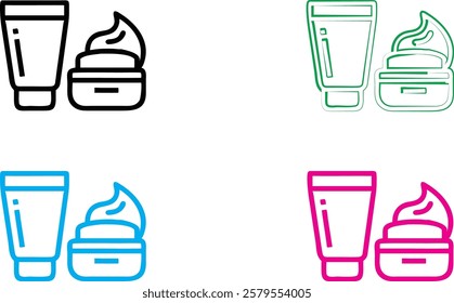 Minimalist cosmetic icons, beauty product outlines, skincare packaging illustrations, colorful toiletry silhouettes, simple line drawings of lotions and creams, geometric beauty container designs, fla