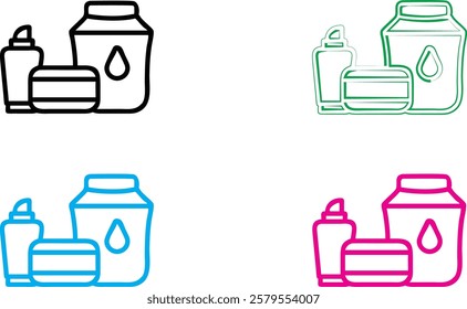 Minimalist cosmetic icons, beauty product outlines, skincare packaging illustrations, colorful toiletry silhouettes, simple line drawings of lotions and creams, geometric beauty container designs, fla