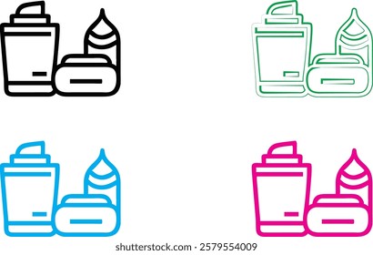 Minimalist cosmetic icons, beauty product outlines, skincare packaging illustrations, colorful toiletry silhouettes, simple line drawings of lotions and creams, geometric beauty container designs, fla