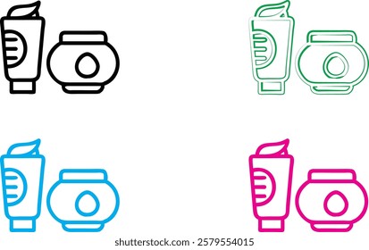 Minimalist cosmetic icons, beauty product outlines, skincare packaging illustrations, colorful toiletry silhouettes, simple line drawings of lotions and creams, geometric beauty container designs, fla