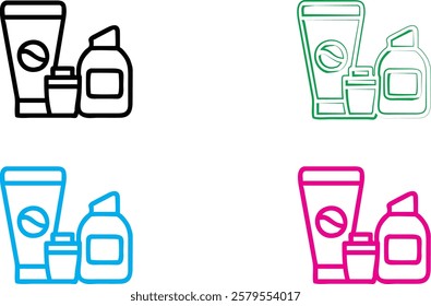 Minimalist cosmetic icons, beauty product outlines, skincare packaging illustrations, colorful toiletry silhouettes, simple line drawings of lotions and creams, geometric beauty container designs, fla