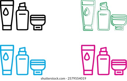 Minimalist cosmetic icons, beauty product outlines, skincare packaging illustrations, colorful toiletry silhouettes, simple line drawings of lotions and creams, geometric beauty container designs, fla