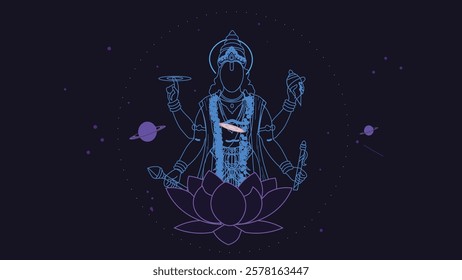 Minimalist cosmic illustration of Lord Vishnu seated on a lotus, holding the Sudarshan Chakra and Shankha, surrounded by celestial bodies, symbolizing divine order and balance