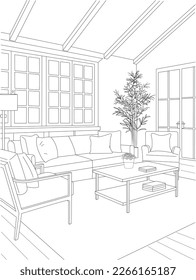 Minimalist Country Style Family Room Vector Line Art