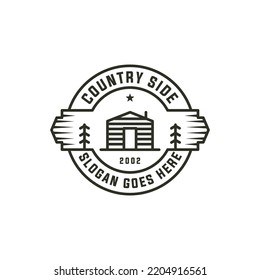 Minimalist countryside cabins logo design badge, traditional building architecture vector illustrations