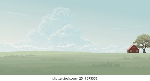 Minimalist countryside landscape with country house and big tree have blue sky background graphic illustration.