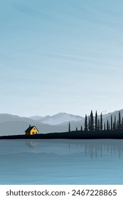 Minimalist countryside landscape with lake, mountain ranges, country house and silhouette pine forest graphic illustrated have blank space.