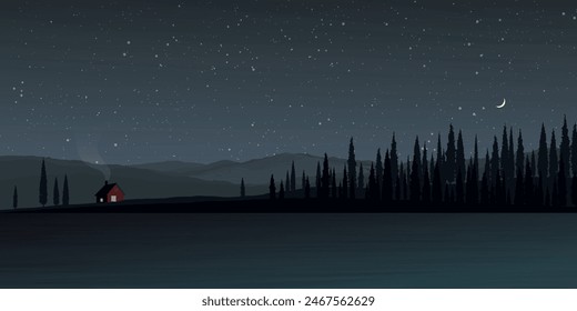 Minimalist countryside landscape at night with lake, mountain ranges, country house and silhouette pine forest graphic illustrated have blank space.