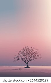 Minimalist countryside landscape with silhouette leftless tree have dramatic sky vertical background graphic illustration.
