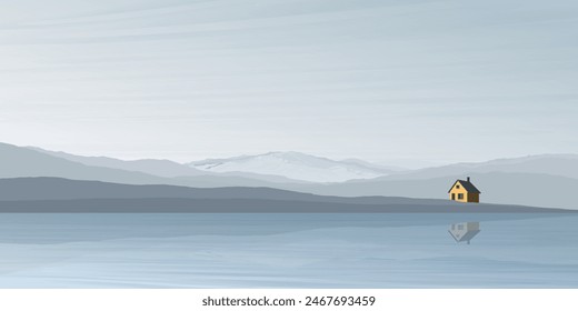 Minimalist countryside landscape in winter season with lake, mountain ranges and country house graphic illustrated have blank space.