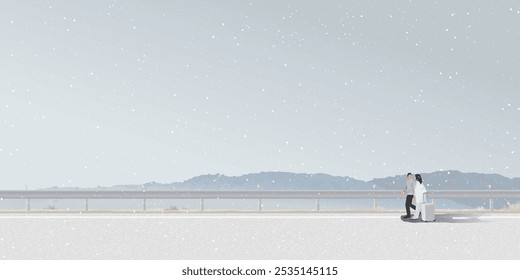 Minimalist countryside landscape in winter season with snowfall have couple of lover dragging a suitcase walks along local road graphic illustation. 