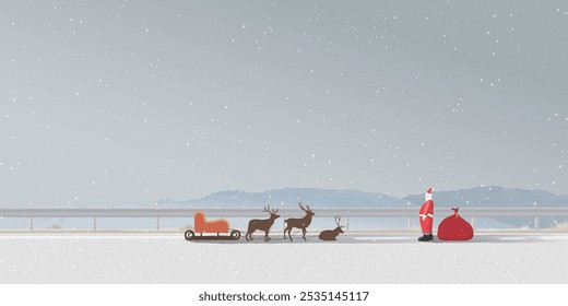 Minimalist countryside landscape in winter season with snowfall have Santa Clause and lazy reindeers on the local road graphic illustation. Merry Christmas greeting card template have blank space.