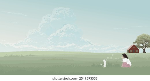 Minimalist countryside landscape with woman and cat playing soap bubbles on grass field have blue sky background graphic illustration.