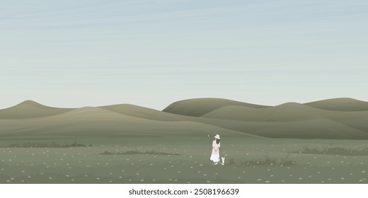 Paisaje de campo minimalista con una mujer y su gato en ilustración gráfica de campo de flores tienen espacio en blanco.