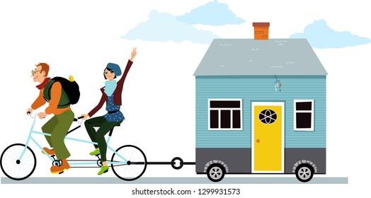 Minimalist couple hauling a tiny house behind a tandem bicycle, EPS 8 vector illustration