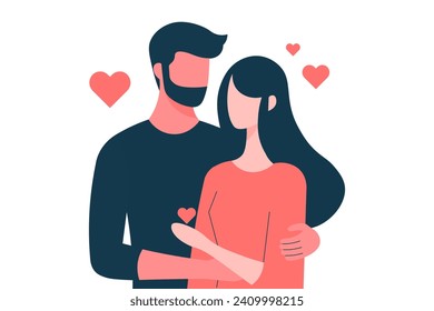 la pareja minimalista enamorada tiene una buena relación, hombre y mujer sosteniendo una forma de corazón rojo, concepto de pareja para el Día de San Valentín y el Día del Amor, ilustraciones de amor vectorial.