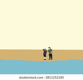 Minimalist couple standing on sandy shore beach with calm blue water. Tourist on holiday vacation.