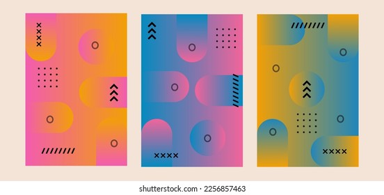 Minimalist cover design templates. Memphis style. Layout set for covers of books, albums, notebooks, reports, magazines. Colorful geometric, pink, blue and yellow background.