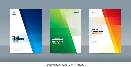 Minimalist cover template set featuring clean blue, green, and orange-red geometric layers on a white background. A4 size book cover template for annual report, magazine, booklet, proposal, portfolio