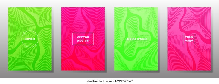 Minimalist cover templates set. Fluid curve shapes geometric lines patterns. Cool backgrounds for notepads, notice paper covers. Line stripes graphics, title elements. Cover page templates.