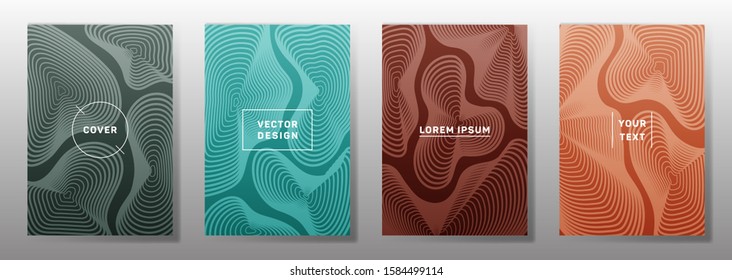 Tapas minimalistas de diseño lineal. La curva fluida da forma a los patrones de líneas geométricas. Afiche abstracto, volante, fondos vectoriales banner. Dibujos de franjas de línea, elementos de título. Plantillas de portada.