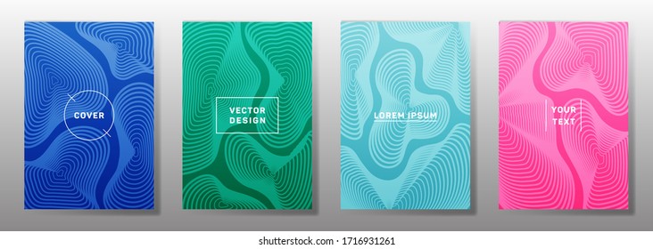 Minimalist covers linear design. Fluid curve shapes geometric lines patterns. Gradient backgrounds for catalogues, business magazine. Lines texture, header title elements. Cover page layouts set.