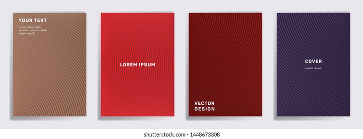 Minimalist covers linear design. Radial semicircle geometric lines patterns. Abstract backgrounds for cataloges, corporate brochures. Line stripes graphics, title elements. Cover page templates.